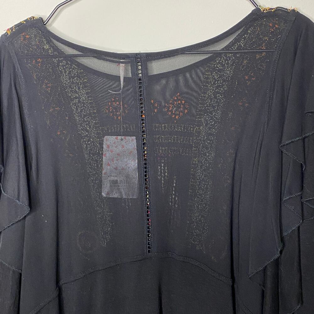 Free People Black Embroidered Ruffle Sleeve Mesh Yoke Top OB651125 Size S NEW - Picture 5 of 10